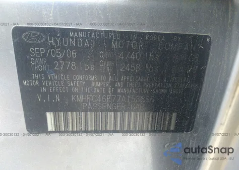 2007 Hyundai Azera Limited/Se z USA, uszkodzony, nr VIN KMHFC46F77A153866